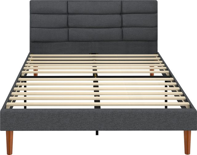 HOMCOM Polsterbett Grau mit gepolstertem Kopfteil und Unterbett-Stauraum, Doppelbettgestell mit Holzlatten aus Eukalyptus und Leinenstoff, B/T: 140 x 200 cm - Bild 1