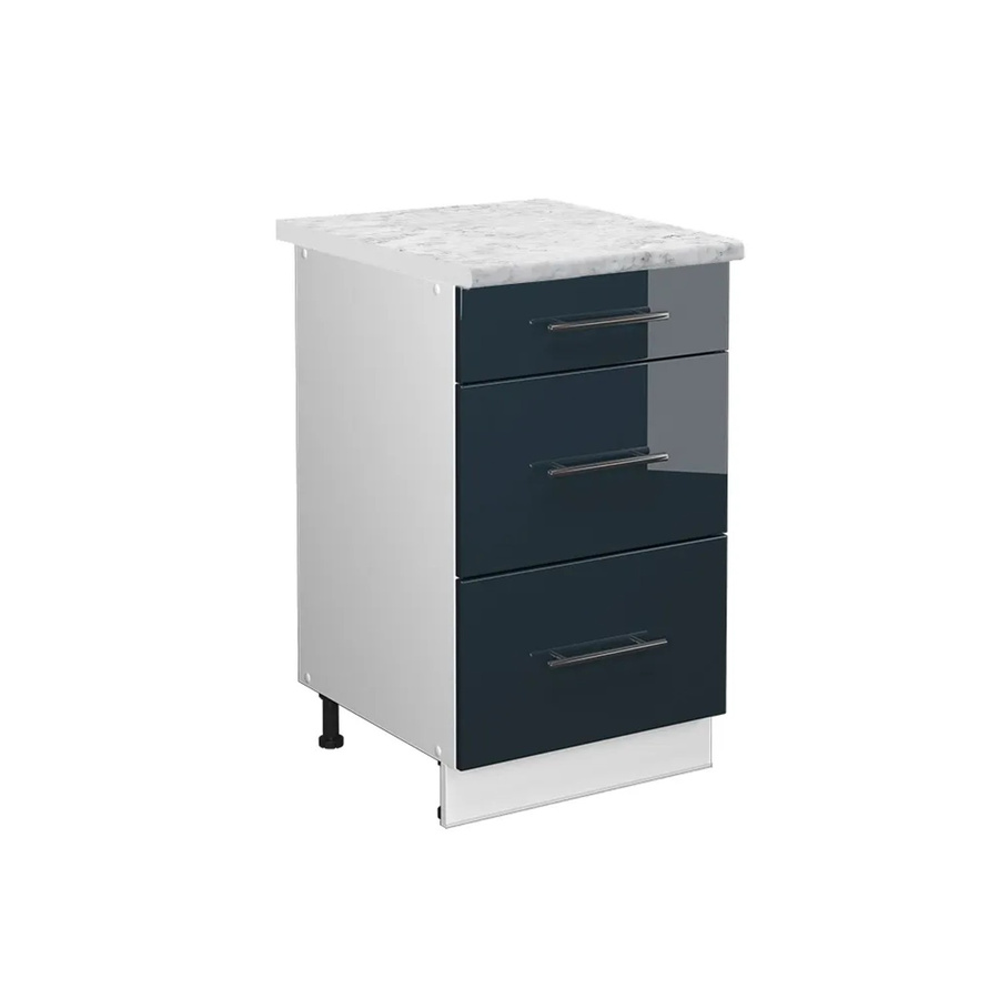 Vicco Küchenschrank Fame-Line Schubladenunterschrank in Dunkelblau Hochglanz mit Arbeitsplatte in Weiß-Marmor, Breite: 50 cm, Höhe: 82 cm, Tiefe: 40,5 cm - Bild 2