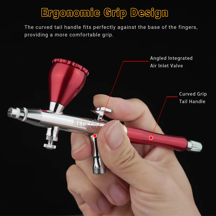Neoeco Dual Action Airbrush Kit in Rot mit 0,2 mm, 0,3 mm und 0,5 mm Düsen und Nadeln, quadratischer Auslöser und abgewinkeltem Gehäuse für Hobby und Kunst - Bild 3