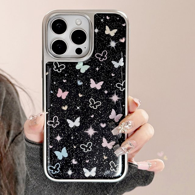 MUQGEW Schmetterlings Handyhülle mit Glitzer und silberner Randbeschichtung für iPhone 12 bis iPhone 17 Pro Max, stoßfeste Hartschale, Multicolor/Silber - Bild 1