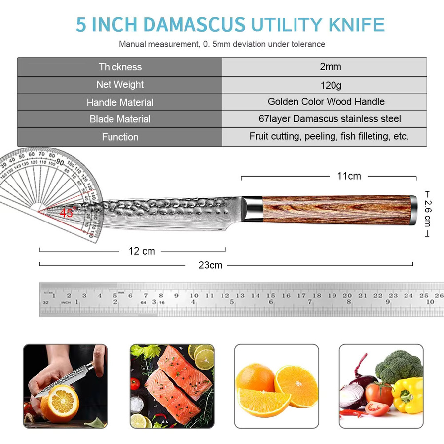 Xituo Utility-Küchenmesser aus Damaststahl mit goldenem Holzgriff, 12,7 cm - Bild 2