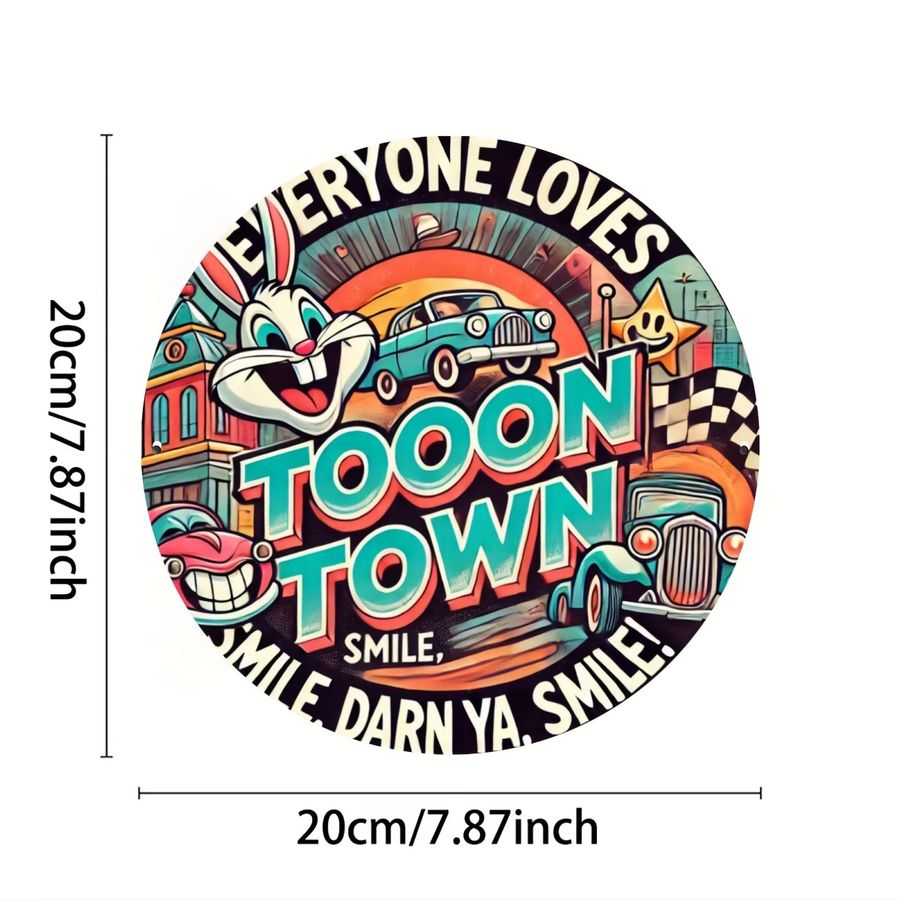 Vintage Toontown Wandkunstschild aus Aluminium von Potdemiel, rundes Metalldekor mit Retro-Autos und karierten Flaggen, Mehrfarbig, Durchmesser: 20,32 cm - Bild 4