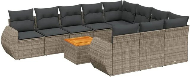 vidaXL 11-teilige Garten-Sofagarnitur in U-Form aus Polyrattan und Akazienholz mit Kissen in Grau - Bild 1