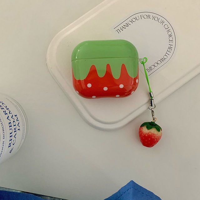 Rote Erdbeer-Hörhörerhülle mit weißen Punkten und Erdbeer-Lanyard für Apple AirPods 1 2 3 4 Pro 1. und 2. Generation - Bild 1