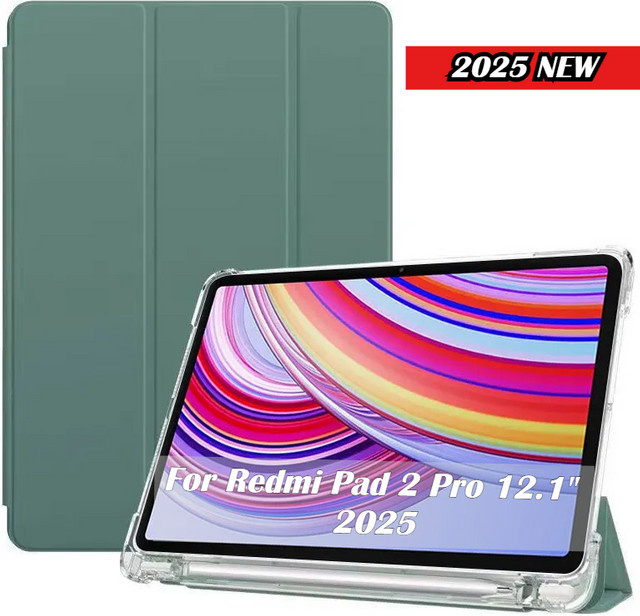 Xiaomi Tablet-Hülle aus PU-Leder für Redmi Pad 2 Pro 2025 und Poco Pad 12,1 Zoll, faltbar, stoßfest, mit Stifthalter, Schwarz oder Grün - Bild 1