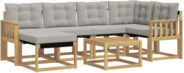 vidaXL Outdoor-Sofagarnitur 7-teilig in L-Form aus Akazienholz und Textilene mit Kissen in Weiß und Hellgrau - Bild 1