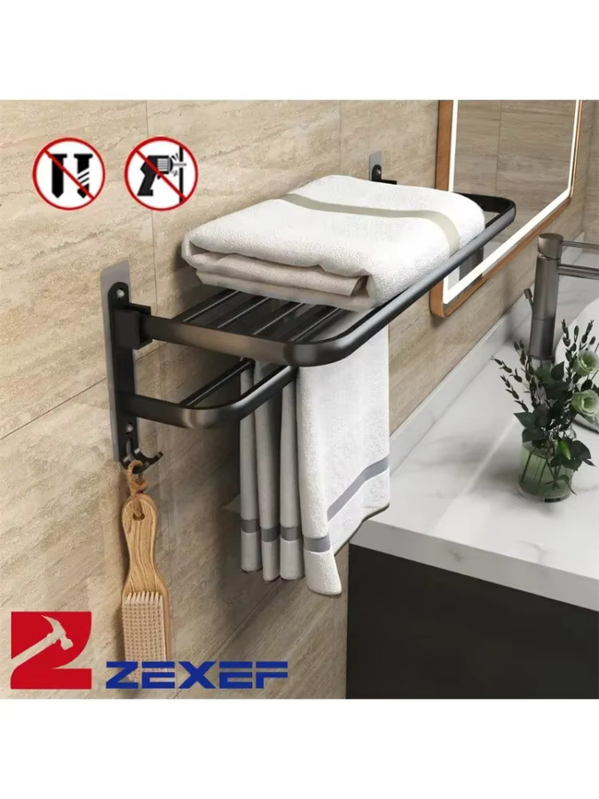 ZEXEF Badetuchhalter Organizer für Badezimmer und Dusche, schwarz, Wandmontage durch Bohren, beweglich - Bild 5