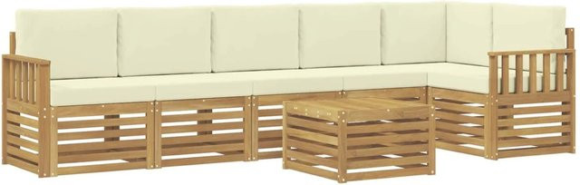 vidaXL Outdoor-Sofagarnitur 7-teilig aus Akazienholz in Weiß und Beige mit Polsterkissen und Couchtisch, L-Form, B/T/H: 59 x 59 x 37 cm - Bild 1