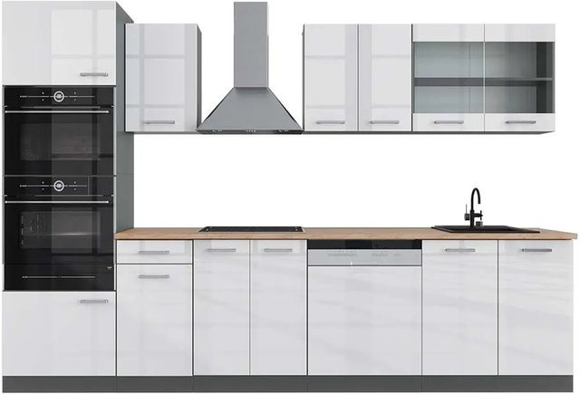 Vicco R-Line Küchenzeile in Weiß Hochglanz und Anthrazit mit Hochschrank Eiche, Breite: 300 cm - Bild 1