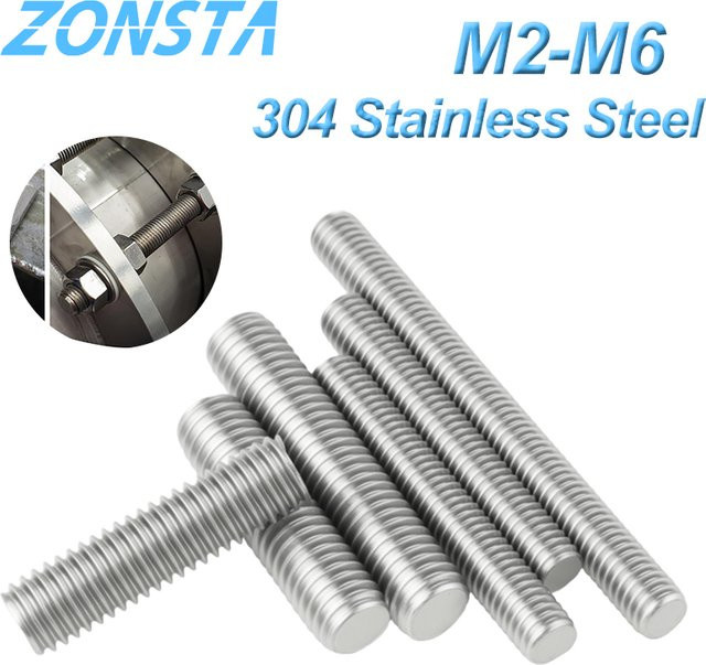 ZONSANTA Metrische Vollgewindestangen aus 304 Edelstahl in Silber, M2 bis M6, Bolzenlänge 16-500mm - Bild 1