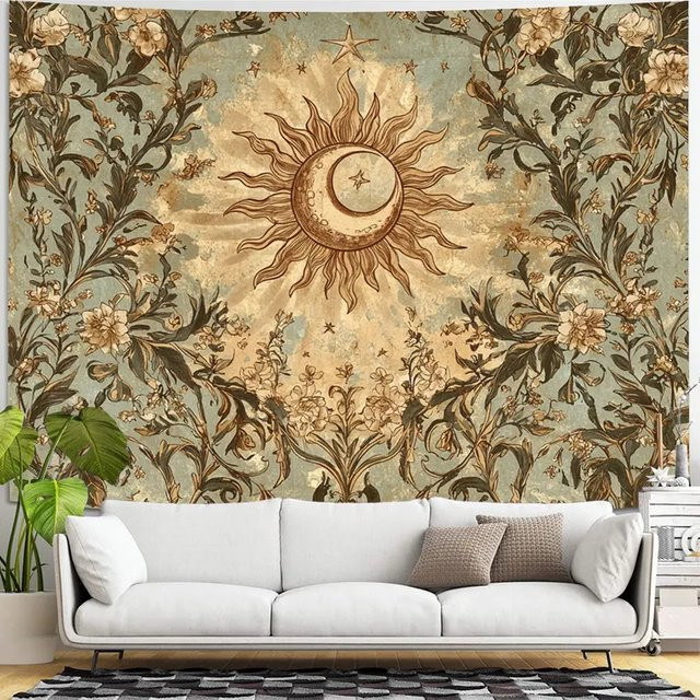 VIKAMA Vintage Boho Wandteppich mit Sonne, Mond und Blumen in Multicolour, Mystischer Hexen-Wandbehang für Wohnzimmer und Schlafzimmer - Bild 1