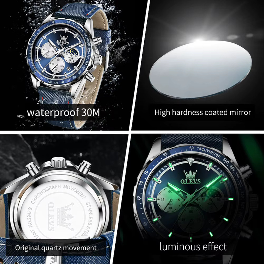 OLEVS Armbanduhr Chronograph, Quarz, Edelstahl, Blau, Herren - Bild 5