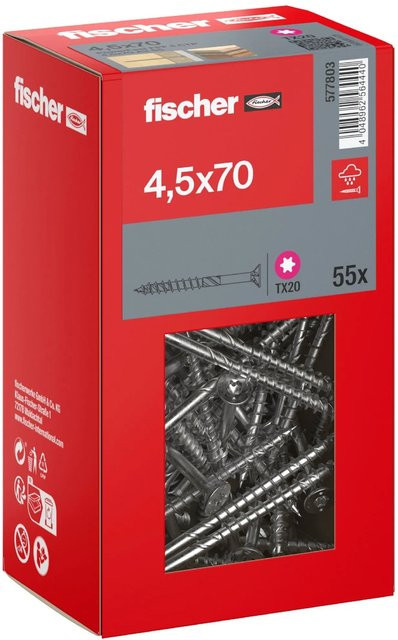 Fischer PowerFast II A2 Senkkopf Holzschraube mit Torx-Antrieb und Teilgewinde, Farbe: Silber, Durchmesser: 4,5 mm, Länge: 70 mm, 55 Stück - Bild 1