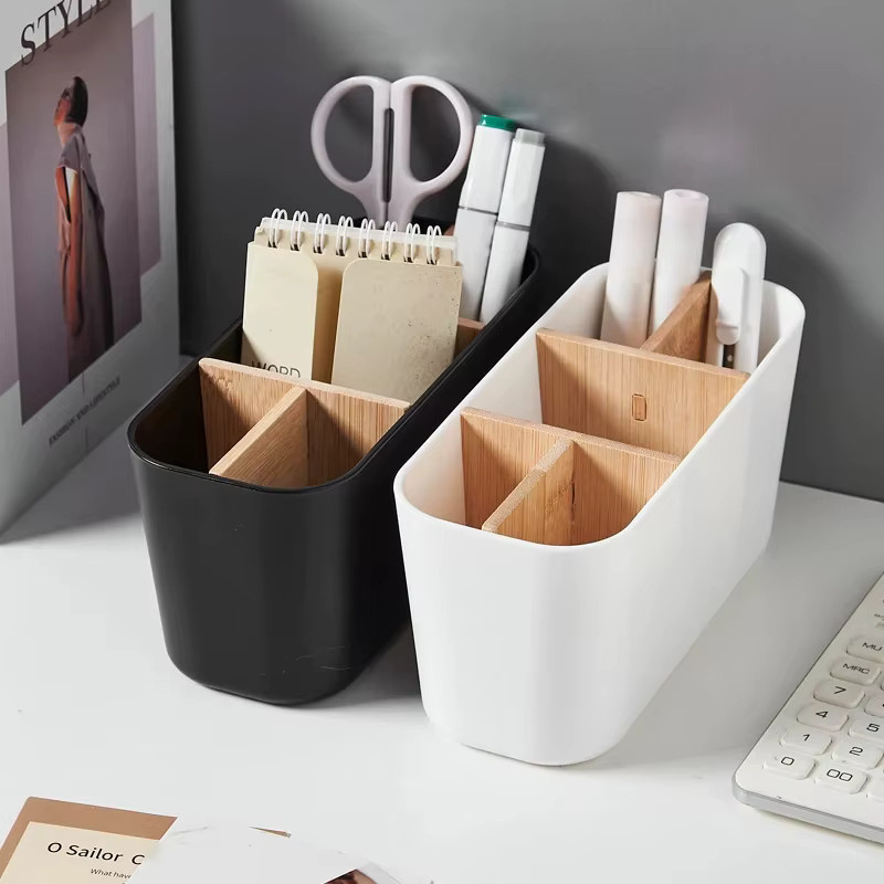 Abnehmbarer Bambus Zahnbürstenhalter und Desktop-Organizer mit 5 Fächern für Kosmetik und Fernbedienungen - Bild 3