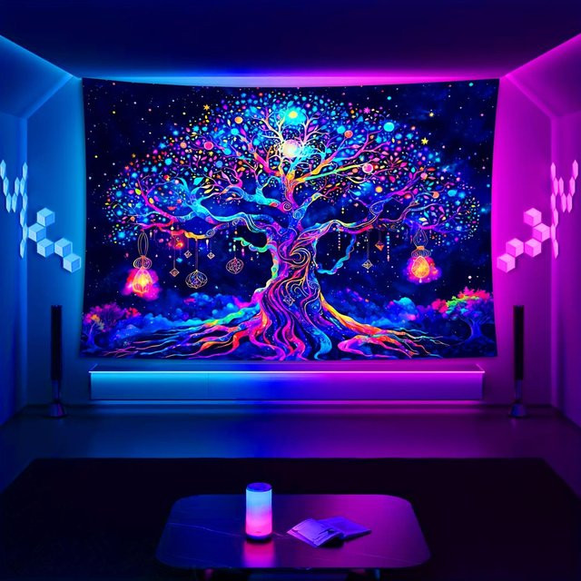 Schwarzlicht Baum des Lebens Wandteppich von Bluebelle Clothing in Schwarz und Multicolour, psychedelischer Wandbehang mit Naturmotiven für dein Schlafzimmer oder Wohnheim, Breite: 130 cm, Höhe: 150 cm - Bild 1