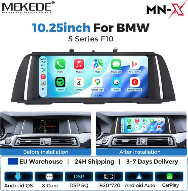 MEKEDE Android Auto und CarPlay Multimedia-Autoradio mit 10,25 Zoll Display, 4G LTE, DSP, GPS und Bluetooth für BMW 5er Serie F10 F11 (2012-2017) CIC NBT, Schwarz - Bild 1
