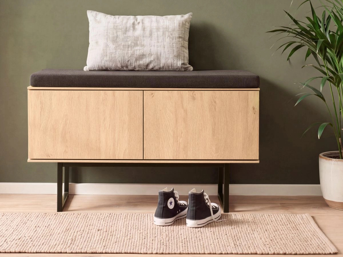 Garderobe Sitzbank Breda Schuhschrank in Eiche mit beige Stoffpolsterung, Breite: 90 cm - Bild 3