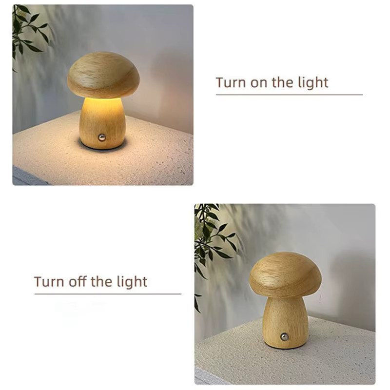 Lyfs Holzpilz Nachtlicht aus Walnuss und Buchenholz, dimmbare LED Schreibtischleuchte mit Touch-Schalter und USB-Akku, warmweißes Licht - Bild 2