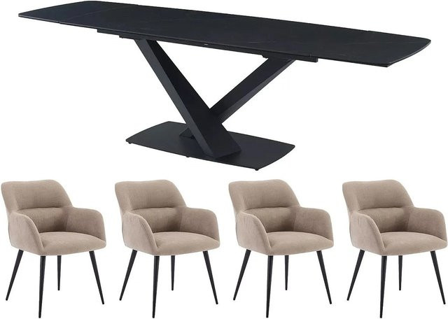 Vente-unique Essgruppe Malata in Schwarz und Beige mit Keramiktisch im Marmoreffekt und Stoffstühlen, ausziehbar, B/T/H: 260 x 180 x 76 cm - Bild 1