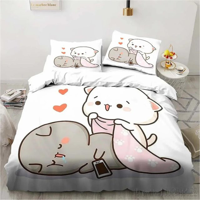 Bubu Dudu 3-teiliges Bettwäsche-Set mit 3D-Cartoon-Print, Anime Design aus Mikrofaser, Weiß, B/H: 173 x 218 cm - Bild 1
