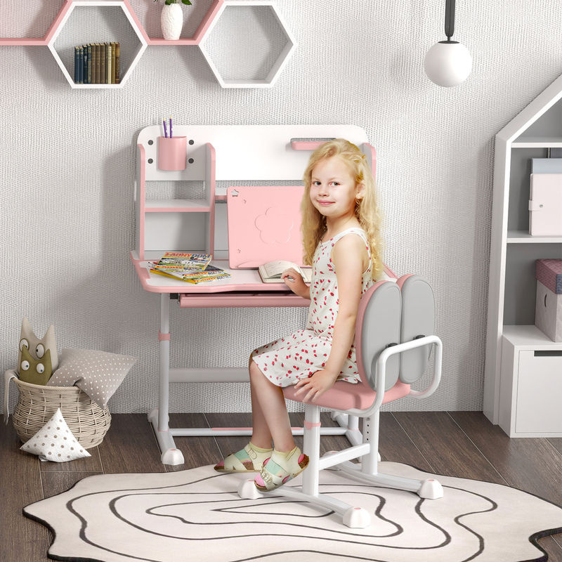 AIYAPLAY Kinder Schreibtisch Set mit Stuhl, Höhenverstellbare Schulbank in Rosa mit 45 Grad neigbarer Tischplatte, Schublade, Bücherregal und Stifthalter aus Stahl und MDF - Bild 2