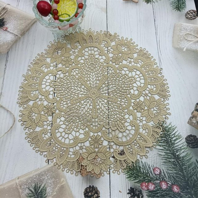 Runde Häkelstickerei Tischmatte mit floralem Design aus Baumwolle, Beige, Durchmesser: 26 cm - Bild 1