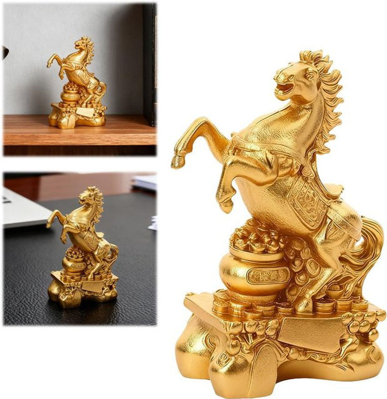 KITPIPI Feng Shui Pferde-Statue 2026 Jahr des Pferdes in Gold als dekoratives Glücks- und Reichtums-Ornament aus Kunststoff und Metall - Bild 1