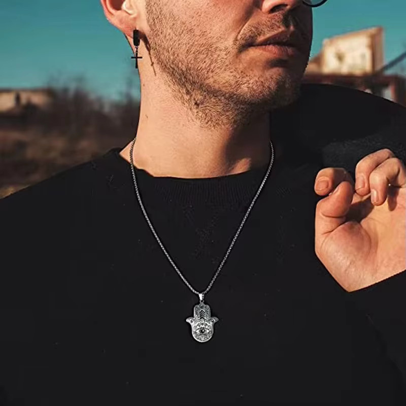 konminry Halskette Edelstahl, Hamsa Hand Anhänger, Silber, Unisex - Bild 3