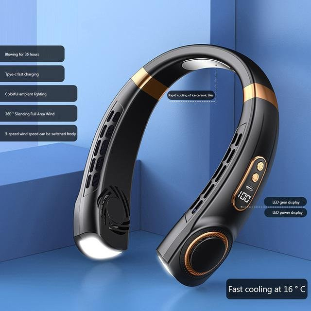 Tragbarer Halsventilator der 2. Generation von Aloisia in Schwarz mit Eiskeramik-Technologie, 5 Geschwindigkeiten, LED-Digitalanzeige und integrierter Taschenlampe - Bild 1
