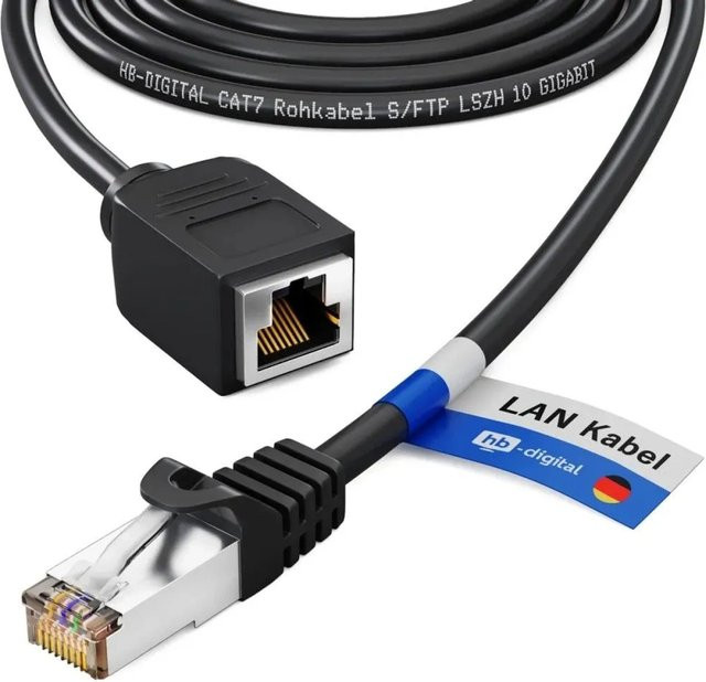 hb-digital Ethernet LAN Verlängerungskabel CAT7 mit RJ45 Steckern S/FTP PiMF LSZH Schwarz, Länge: 10 m - Bild 1