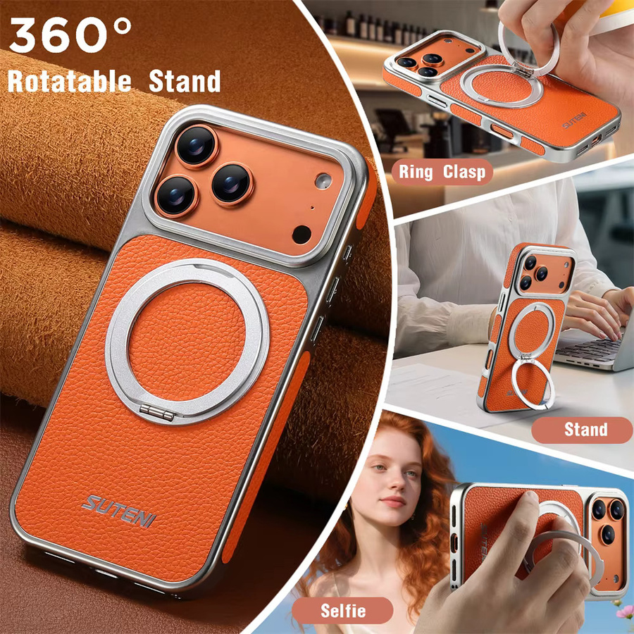 Xeber Magnetischer Ringständer mit Litschi-Textur für MagSafe iPhone Hüllen in Braun und Orange - Bild 4