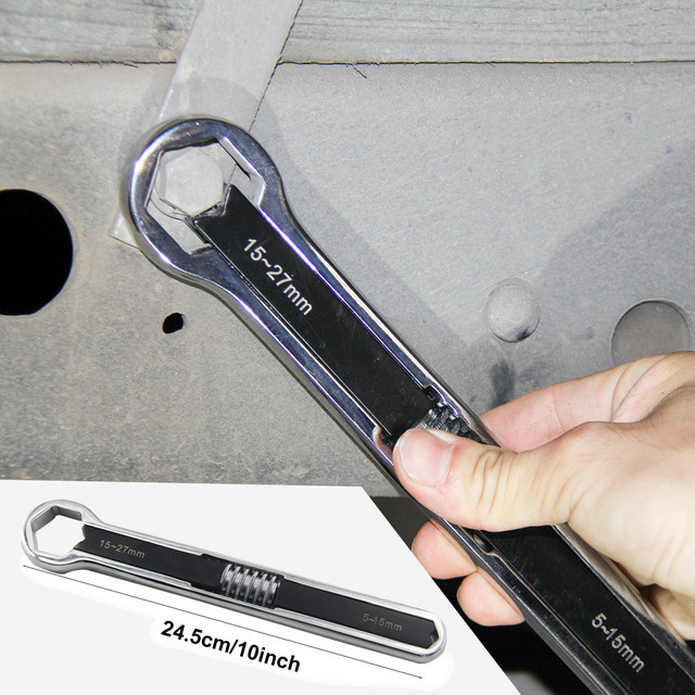 MacWork Multifunktionaler doppelköpfiger Ringschlüssel in Silber mit versetztem Kasten-Endschlüssel für 5 mm, 15 mm und 27 mm - Bild 1