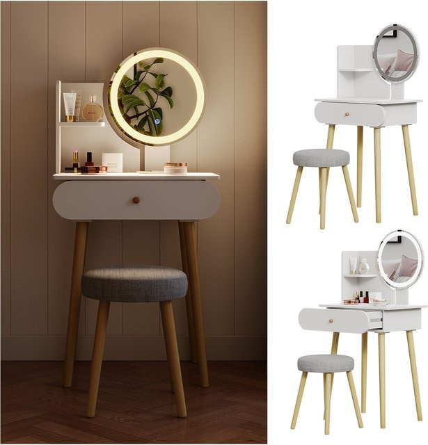 Vicco Schminktisch Edda mit LED-Spiegel und Hocker in Weiß, modern - Bild 1
