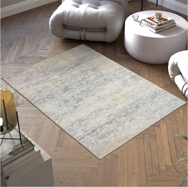tectake Vintage Designer Teppich Dalia in Beige mit verwaschenem Muster, pflegeleichter Kurzflor und rutschfester Unterfläche, B/T: 120 x 170 cm - Bild 1