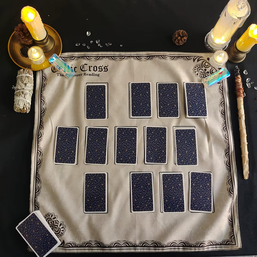 VIKAMA Altartuch mit keltischem Kreuz-Tarot-Motiv, beige mit schwarzem Randdesign, rechteckige Tischdecke für spirituelle Dekoration - Bild 3