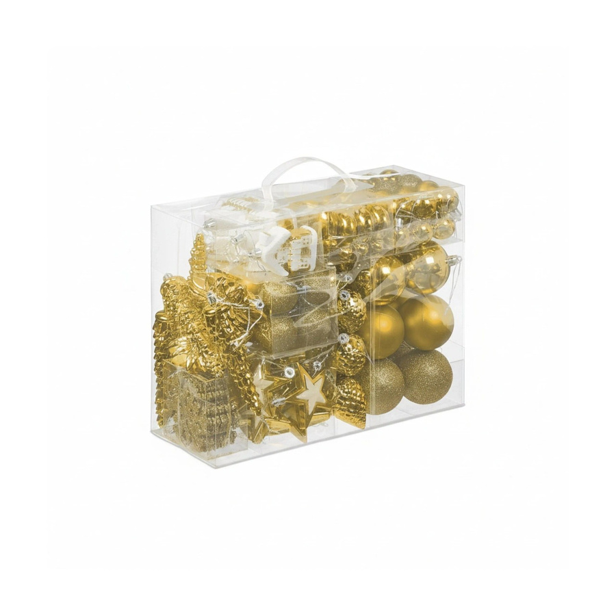 Relaxdays Weihnachtskugeln Set in Gold aus Polystyrol mit verschiedenen Motiven wie Zapfen, Sternen und Schneeflocken inklusive Aufbewahrungsbox - Bild 2