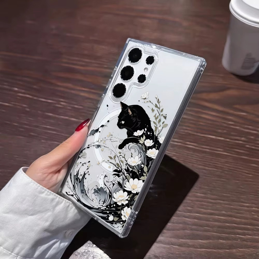 Magnetische Handyhülle für Samsung Galaxy S26 Plus S25 Edge S24 FE S23 S22 Ultra mit Schwarzer Katze im Chinesischen Literarischen Stil, Schwarz - Bild 3