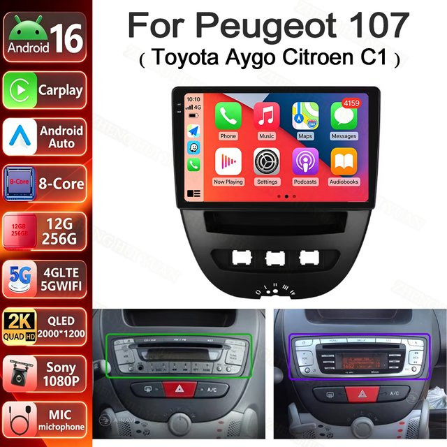 TIEYEZ Android 16 Autoradio Multimedia-Player mit Bluetooth und CarPlay für Peugeot 107 Toyota Aygo Citroen C1, Schwarz - Bild 1