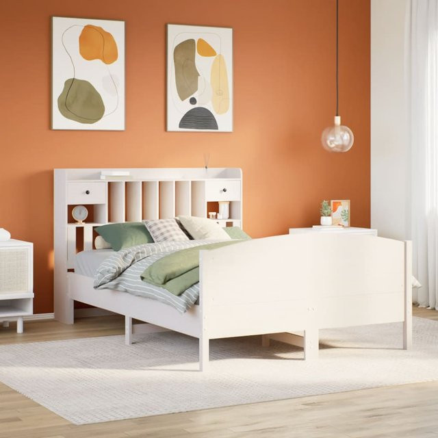 vidaXL Massivholzbett aus Kiefer mit Kopfteil und Regal in Weiß, B/T/H: 150 x 200 x 110 cm - Bild 2