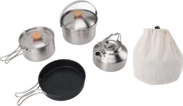 Camping Kochgeschirr Set aus Edelstahl mit Massivholz-Elementen in Silber - Bild 1