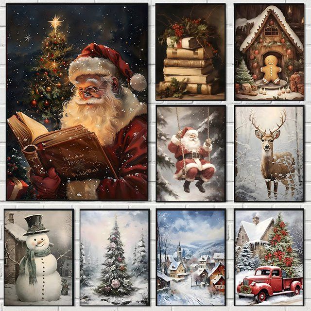 Potdemiel Retro Leinwanddruck Weihnachtsmann und Rentier mit Lebkuchenhütte als Wandkunst für dein Wohnzimmer - Bild 1