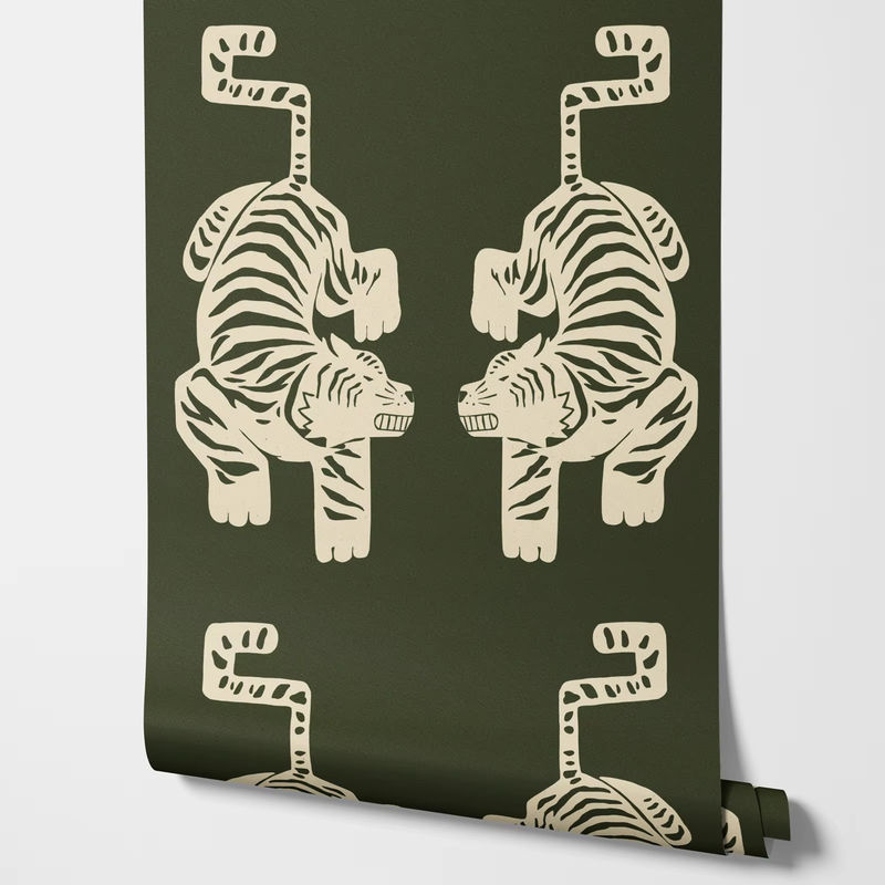 Selbstklebende Pixel&Wall Tiger-Tapete in Olivgrün im Vintage-Azteken-Stil aus Vliesstoff - Bild 3
