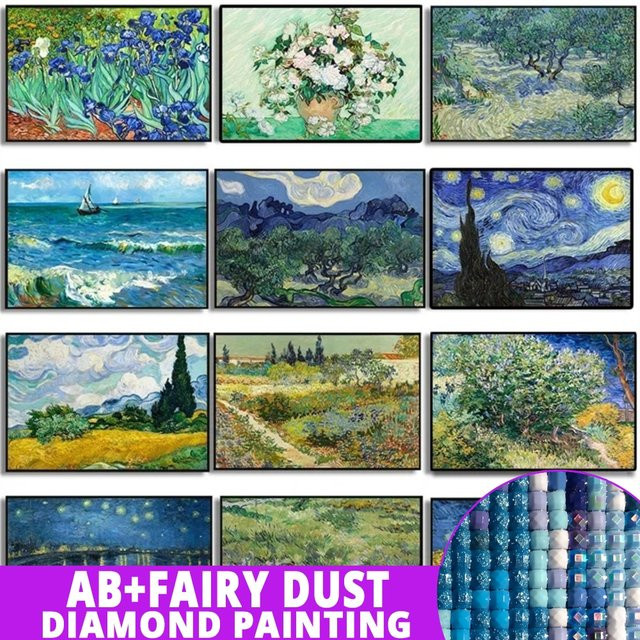 AB Fairy Dust DIY Van Gogh Diamantgemälde 5D Vollmosaik Abstrakt Garten Mandelblüten Sternennacht in Multicolor - Bild 1