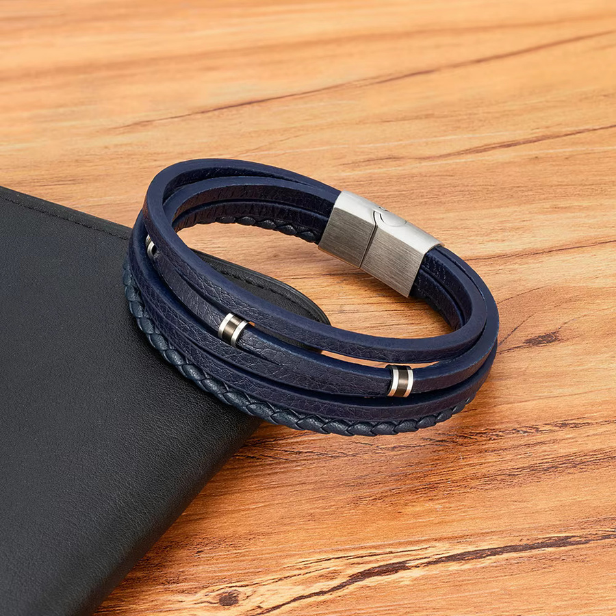 XQNI Armband Herren, Leder, Edelstahl, Schwarz - Bild 3