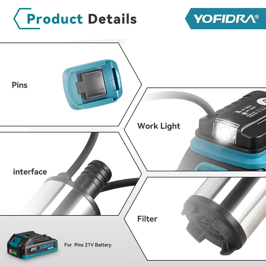 YOFIDRA elektrische Tauchpumpe für Makita 18V Akku, kabellose Abwasserpumpe mit 50–80 l/min, Farbe: Silber - Bild 3