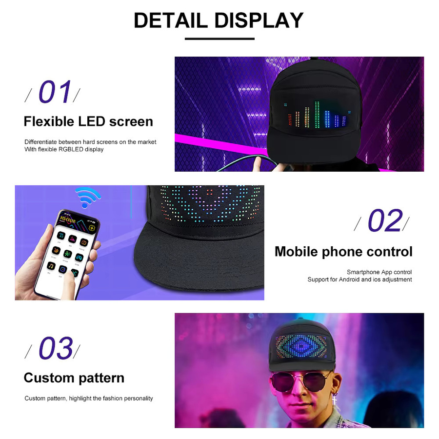 Smart Pixel Matrix LED Baseballkappe mit Bluetooth und App-Steuerung, Schwarz, Wiederaufladbar - Bild 4