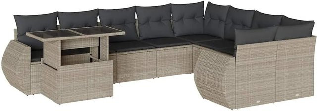 vidaXL 10-tlg. Garten-Sofagarnitur in L-Form aus Poly-Rattan mit Kissen in Hellgrau - Bild 1