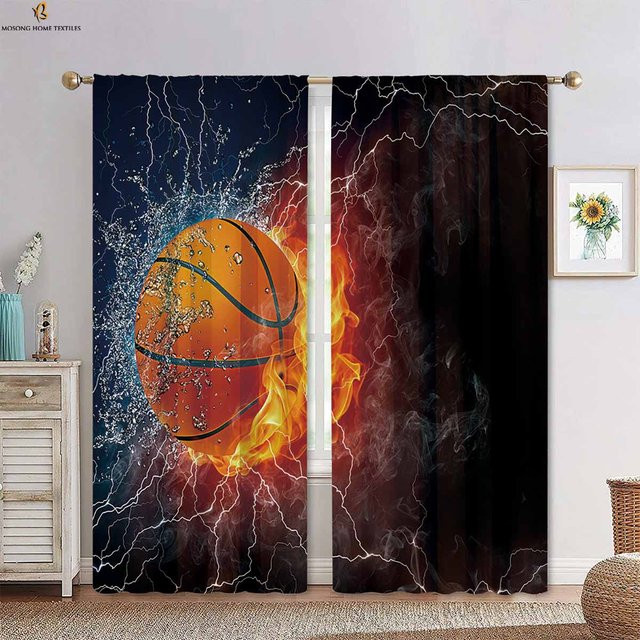 Dekorative Vorhänge mit Wasser, Feuer, Fußball und Basketball Motiv von Household supplies MH, 2er-Set, Mehrfarbig, Breite: 50 cm, Höhe: 130 cm - Bild 1