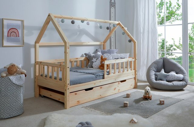 TICAA Kinderbett Hausbett Kay aus massivem Kiefer mit Schubkästen, Farbe Natur, B/T/H: 160 x 80 x 134 cm - Bild 1