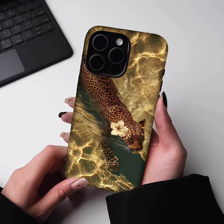 Potdemiel Magnetische Handyhülle mit Leopard im goldenen Wasser für iPhone 17 16 15 14 13 Pro Max Plus, Robuste Einzel- und Doppelschicht-Hülle, Farbe: Gold - Bild 5